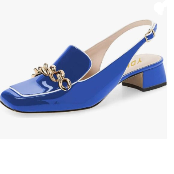 YDN Chain Royal Blue Square Toe Block Low Heels Slingback Formal Loafer Pumps - Picture 1 of 8